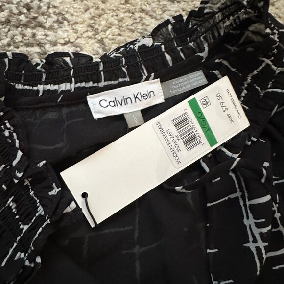 CALVIN KLEIN (L) Black White Geometric Print Chiffon Peasant Blouse Top Tie-Neck - Picture 8 of 12